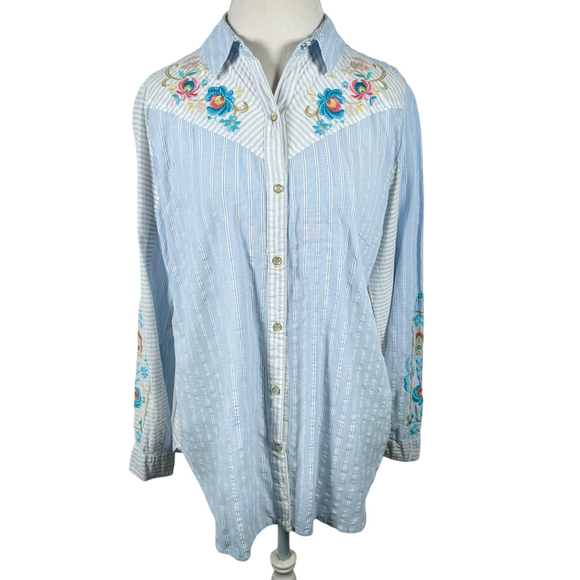 Johnny Was 3J Workshop Western Shirt pearl snap Striped Floral Embroidery Size M - Picture 2 of 11